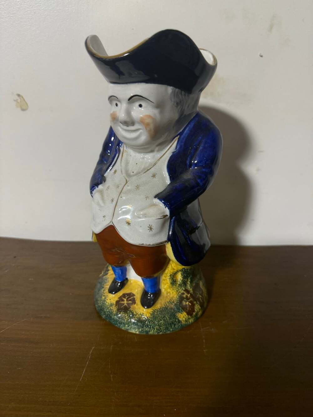 Vintage Pottery Toby Jug Stout Man Tricorn Hat Blue Coat Breeches